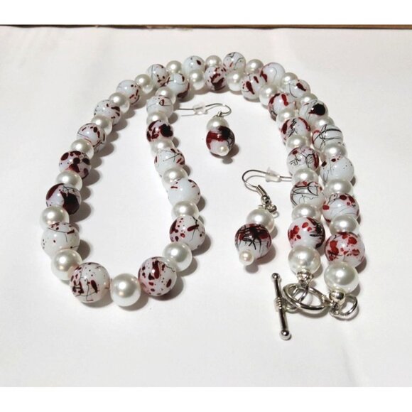 White & Red Splatter Glass Pearl Necklace 18 Inches & Earrings 1 Inch Set With T - Picture 1 of 6